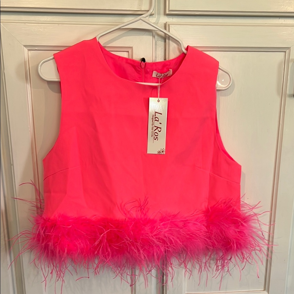 La Ros Pink Feather Trim Crop Top